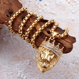 Gold stainless steel lion head pendant with crystal crown on a box chain for men