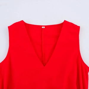 Rotes ärmelloses Kleid mit V-Ausschnitt, Palmenstickerei und Taillengürtel für Damen