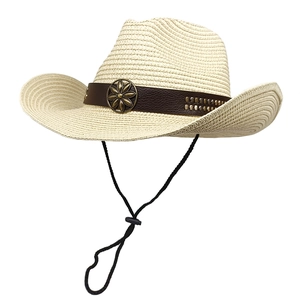 Beige woven straw cowboy hat with vintage leather band and adjustable chin strap