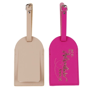 Pink and beige PU leather luggage tags with gold adventure text and adjustable buckle straps