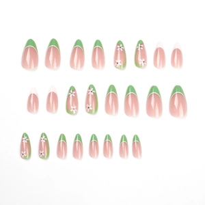 French green flower press-on nails set with almond shape and glossy finish
