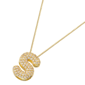 Detailed view of gold-plated S-shaped letter pendant with sparkling zircon micro-pave setting
