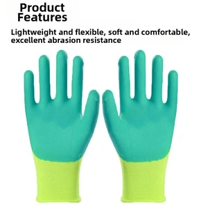 Detail showing non-slip textured green latex coating on palm and fingers of work gloves