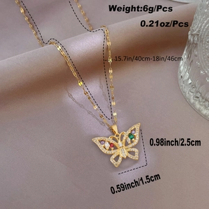 Detailed view of golden butterfly pendant with colorful zircon stones and size dimensions
