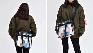 Detail of large transparent PVC beach bag with dark blue straps on a fashion model