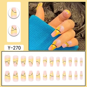 Lot détaillé de 24 faux ongles amande nude avec motifs jaunes géométriques et lignes noires