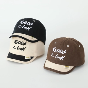 Kids baseball caps in black, beige and coffee with GOOD LUCK embroidery and smile pattern