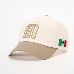 Retro two-tone baseball cap in beige and khaki with M embroidery and Mexico flag