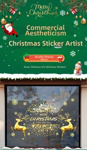 Detail of UV gold reindeer Christmas window decals with Merry Christmas lettering