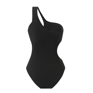 Detailaufnahme von schwarzem One-Shoulder-Badeanzug mit hochwertiger Rippstruktur