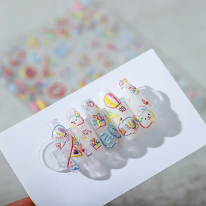 3D relief nail stickers featuring rainbow party theme with cute rabbit and gift patterns
