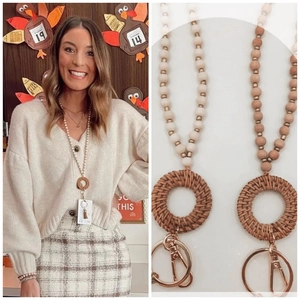 Handmade Wood Bead Lanyard Keychain With Woven Rattan Ring And Tassel Nordic Style Boho Necklace Strap For ID Badge Women