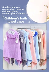 Detail of coral fleece hooded kids towels featuring cute cartoon animal ears in six colors