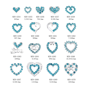 Blue rhinestone heart nail charms set with silver alloy bow and love crystal designs
