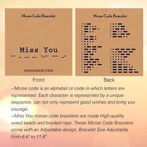 Bracelet code Morse avec cordon réglable, perles en bois et carte de décodage complète