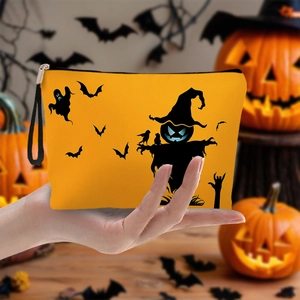 Halloween makeup bag with scarecrow and pumpkin prints in a festive party setting