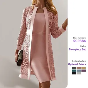 Robe Midi Sans Manches En Satin Femme Et Veste Cardigan En Dentelle Creuse À Manches Longues Tenues Habillées Soirée