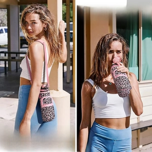 Pink leopard print water bottle carrier with adjustable shoulder strap and silicone straw
