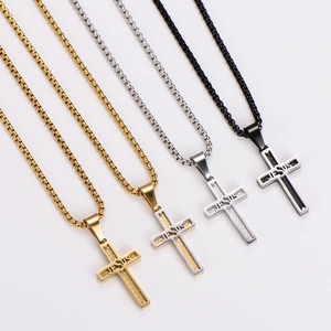 Cross pendant necklaces with Jesus engraving in gold, silver, bicolor and black finishes
