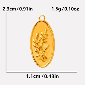 Detail showing dimensions of gold vintage floral embossed stainless steel pendant