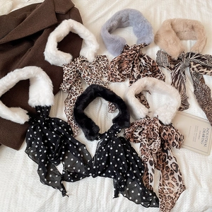 Collection of faux fur leopard and dot print scarves with elegant chiffon ribbons