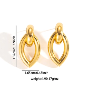 Detail of gold-plated geometric teardrop earrings showing precise dimensions and size