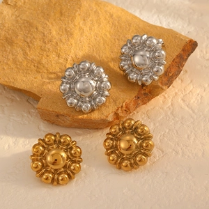 Retro Flower Ball Stud Earrings Stainless Steel Gold Plated Vintage Minimalist Relief Jewelry For Women