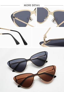 Detail view of gold metal cat-eye sunglasses featuring hinges and silicone nose pads
