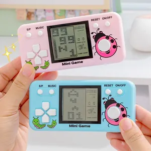 Classic handheld Tetris console with large screen in pink and blue featuring cartoon insects
