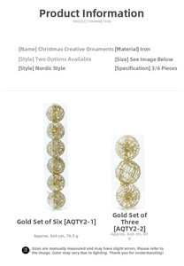 Detailed specifications for iron Christmas ball ornaments in gold Nordic style hanging set