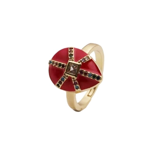 Adjustable gold plated ring with red enamel shield and multi-colored star zircon stones