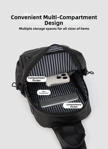 Internal structure of black crossbody bag featuring main pocket and striped lining