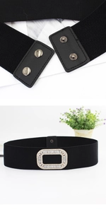 Detail of black elastic belt with rhinestone square buckle and leather texture
