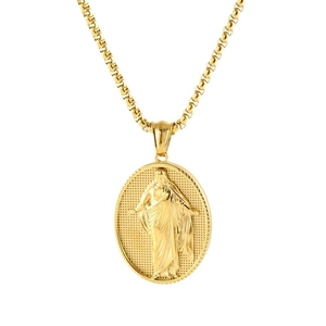 Golden stainless steel 18k necklace featuring an oval 3D Jesus pendant on a box chain