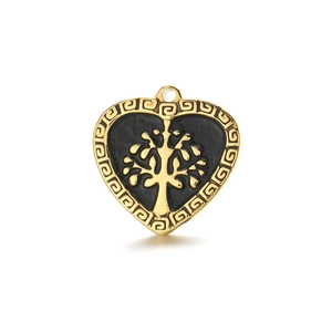 Classic golden heart pendant with black tree of life and Greek key border design
