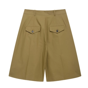 Detail of khaki Bermuda shorts showing high waist and back flap pockets on white background