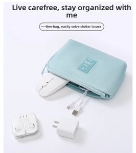 Light blue travel organizer bag showing storage for mouse, cables and earphones