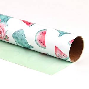 Minimalist gift wrapping paper roll with hand-painted watermelon and floral patterns