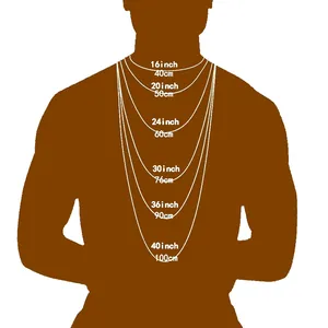 Detailed size chart for hip hop zircon necklace showing lengths from 16 to 40 inches