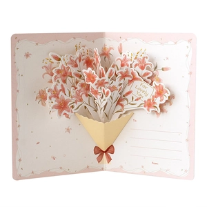 3D pop-up greeting card featuring a pink lily bouquet for teacher appreciation