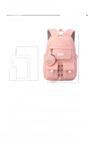 Pink nylon student backpack showing 14-inch laptop storage and heart pendant detail