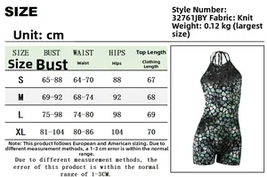 Detailed size guide for backless printed halter jumpsuit with fabric and weight specs