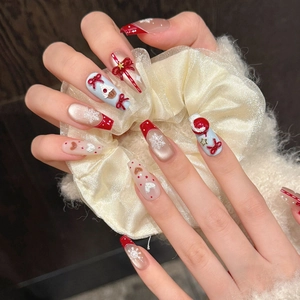 Christmas red coffin fake nails with 3D bows and white snowflake patterns