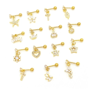 15-piece set of gold stainless steel heart and star stud earrings with cubic zirconia