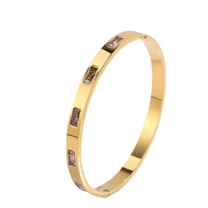 Elegant gold titanium steel bangle with rectangular amber zircons for women