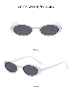 Front and 45-degree side view of oval sunglasses with white frames and black lenses
