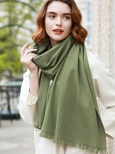Close-up of soft green faux cashmere scarf with elegant tassel details on model