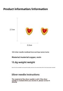 Detail showing vintage red heart earrings with golden frame and 2.7cm height dimensions