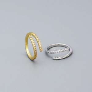 925 Sterling Silver Open Ring Geometric Double Row Zirconia Adjustable Minimalist Fashion Jewelry For Women