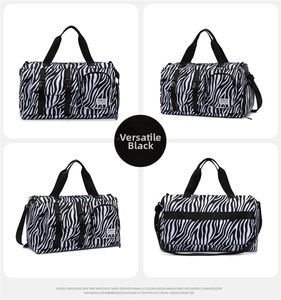 Multiple views of zebra print sports gym bag with shoe compartment and adjustable straps